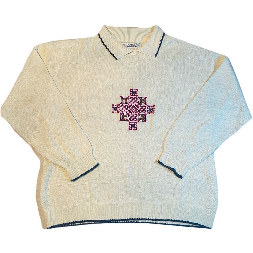 Chelsea Gardens Vintage Womens Cream Embroidered Polo Sweater Navy Trim Size M
